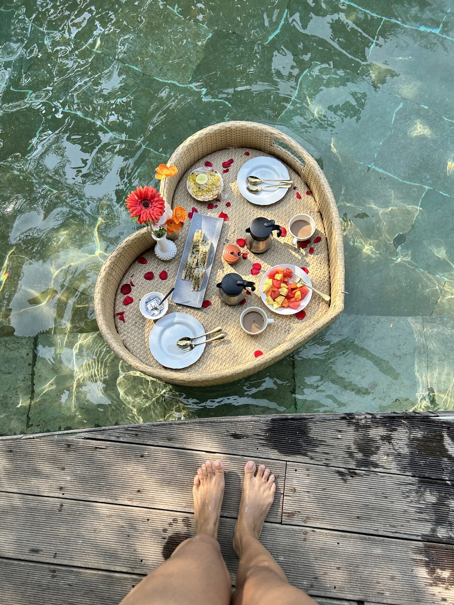 Heart-shaped floating tray at the pool